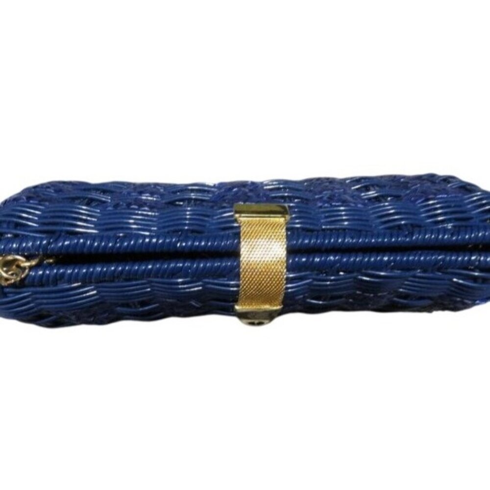 Basket Weave Handbag Cobalt Sapphire Blue & Gold Hardware Chain Crossbody Clutch - Picture 5 of 13